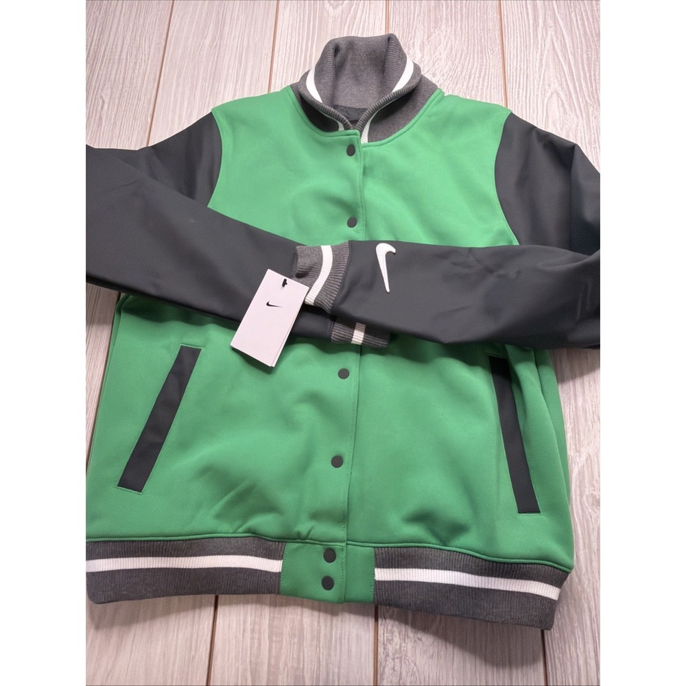 New Nike Womens Team Letterman Jacket Size Medium Green Gray $230
